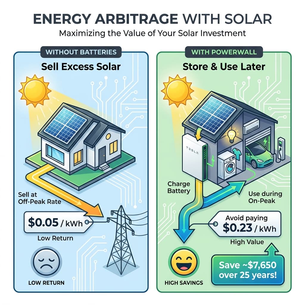 Energy Arbitrage Infographic describing the savings of storing solar energy vs selling it back to the grid